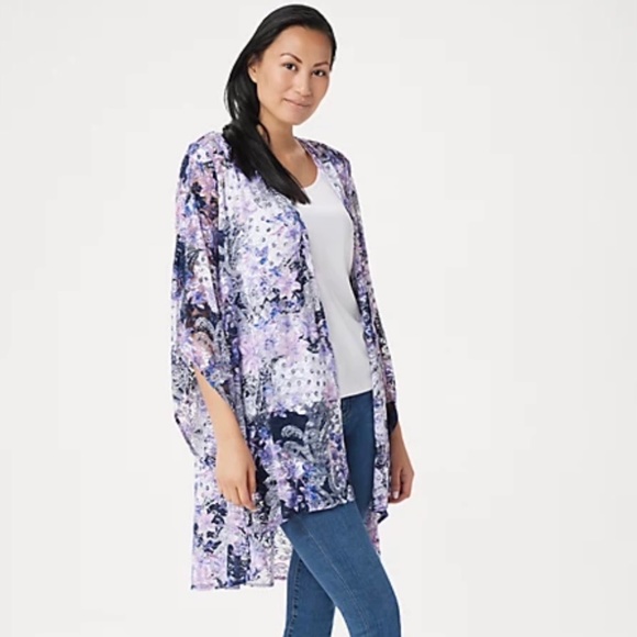 Printed Stretch Lace Drape Front Cardigan - Picture 2 of 5